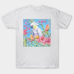 Cockatoo parrot and tropical flowers T-Shirt